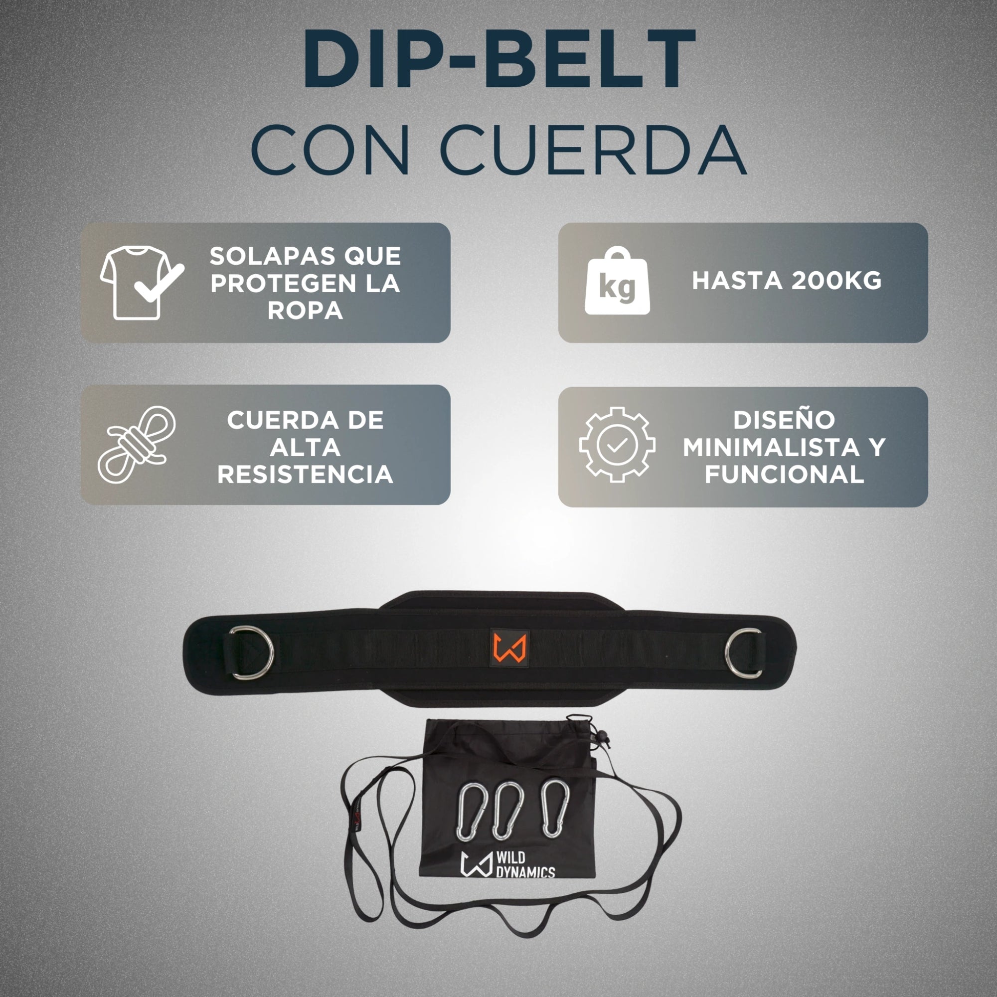Dip-belt with rope on a gray background with feature text.
