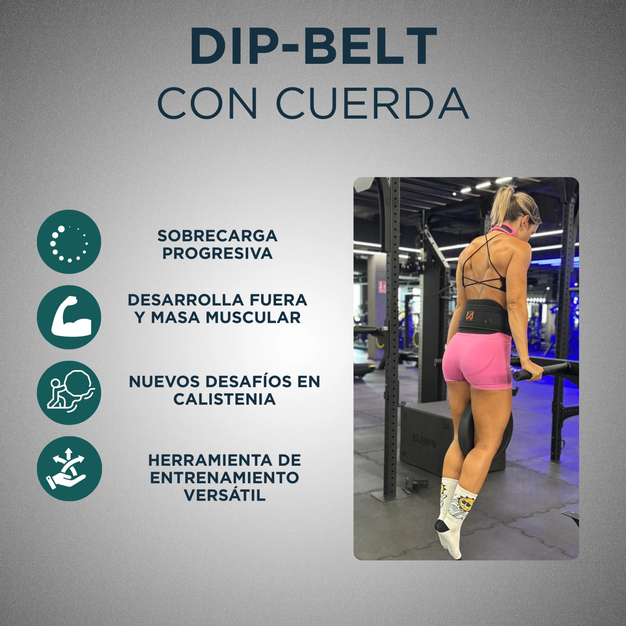 Person using a dip belt with text highlighting its benefits