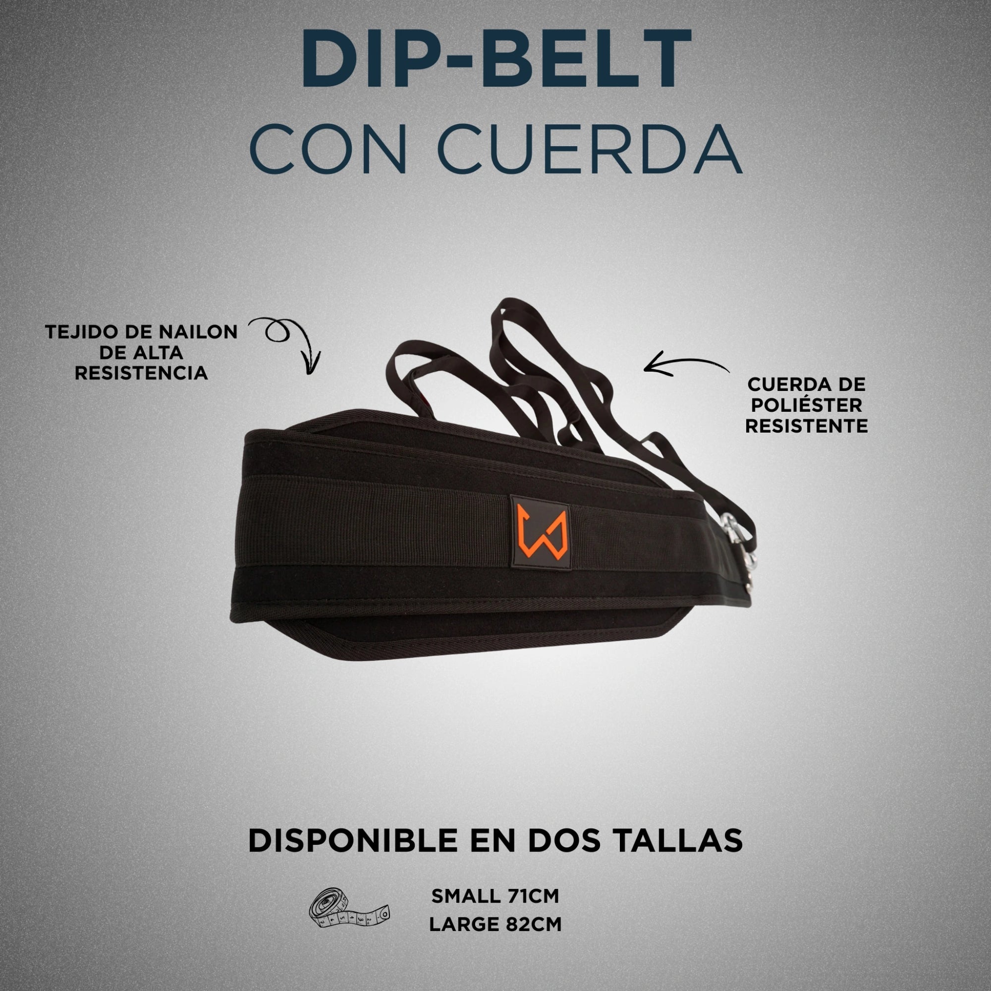Black dip belt with string on a gray background, featuring text in Spanish.
