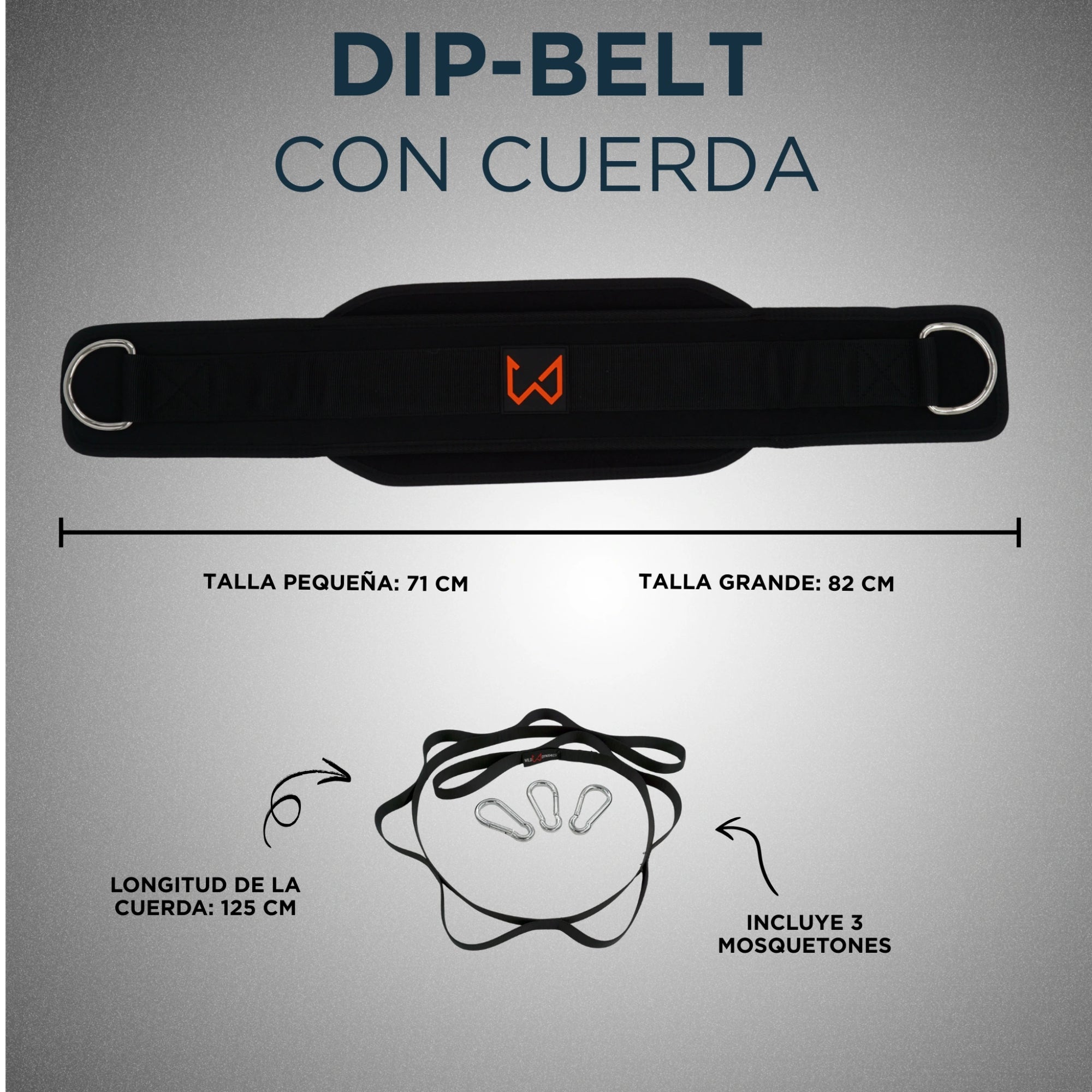 Dip-belt with string dimensions and features on a gray background