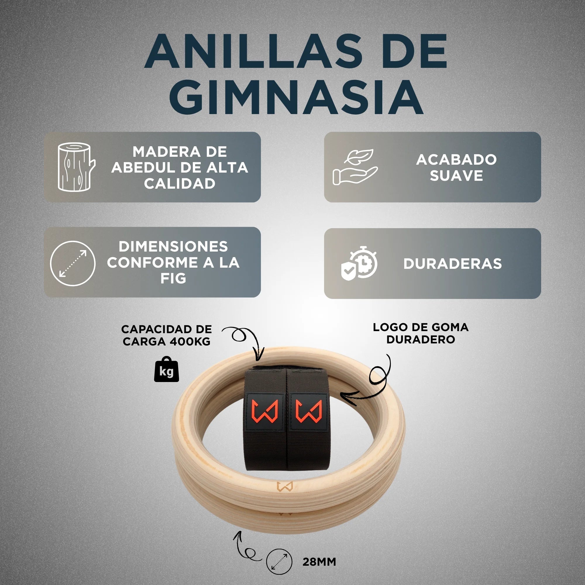 Anillas de gimnasia de madera con las características indicadas sobre un fondo gris.