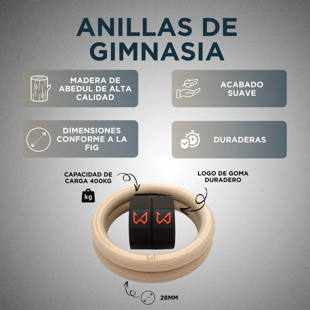 Anillas de gimnasia de madera con las características indicadas sobre un fondo gris.
