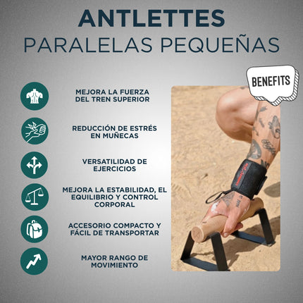 Anuncio de las Antlettes Parallettes Pequeñas con los beneficios destacados sobre un fondo gris.