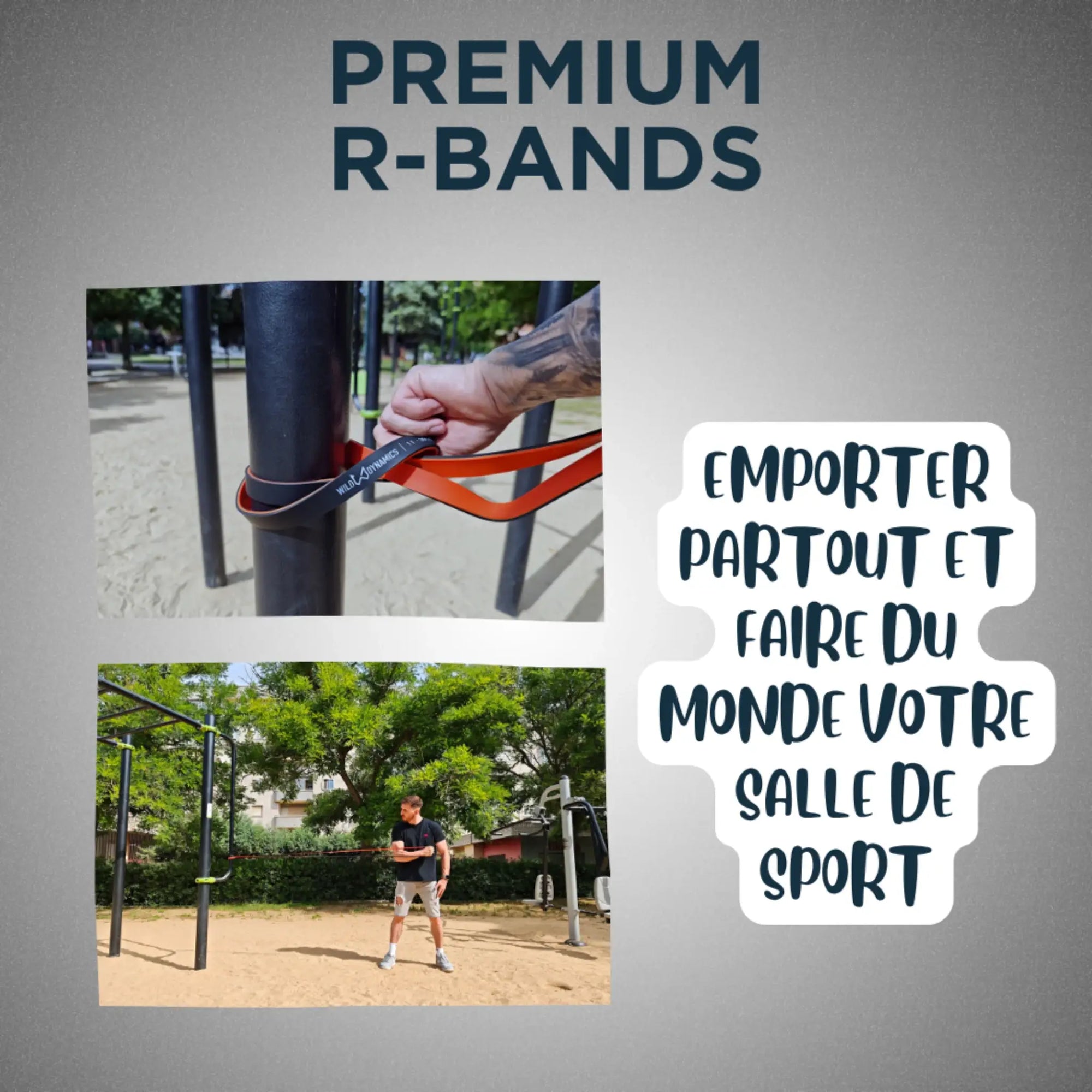 R-Bands with images of a hand using them and a person exercising outdoors.