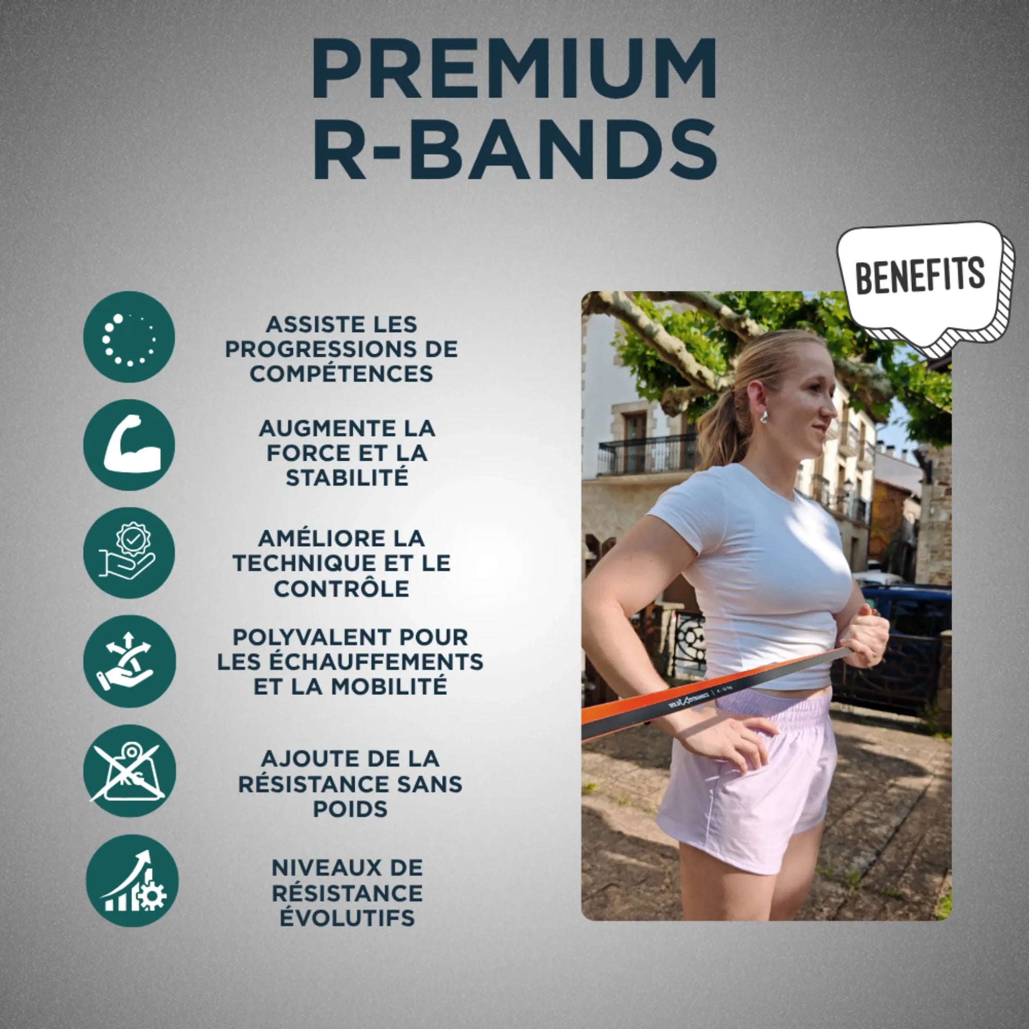 R-Bands with a woman exercising outdoors and listed benefits 