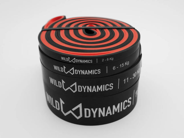 Stack of resistance bands with red and black design, labeled 'Wild Dynamics', on a white background.