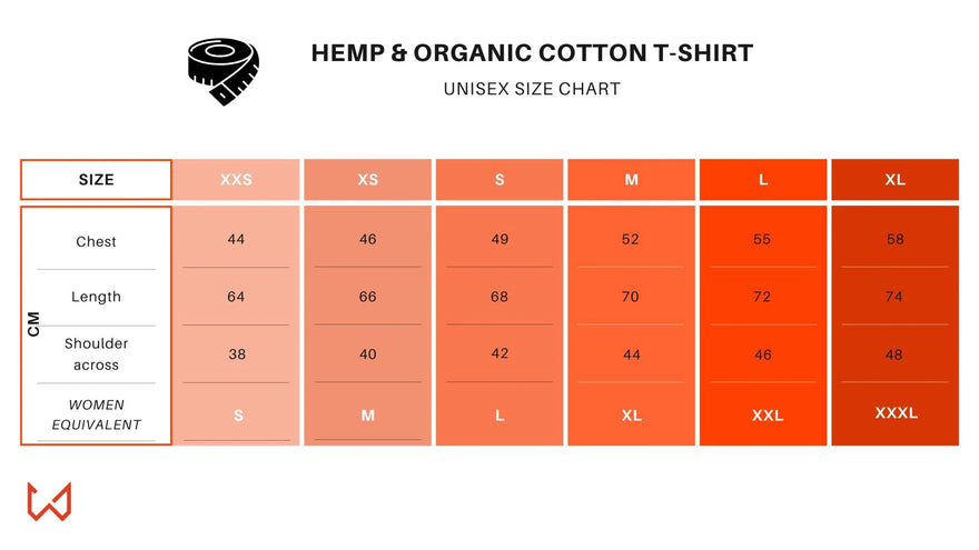Hemp and organic cotton t-shirt size chart