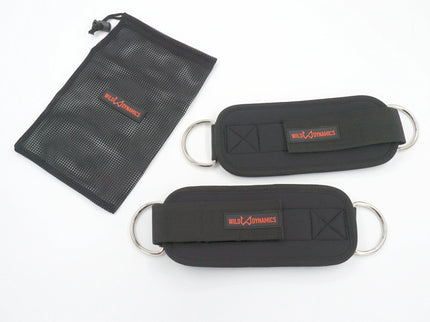 Two black ankle straps with a carrying pouch on a white background