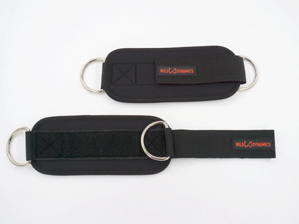 Pair of black ankle straps with metal rings on a white background