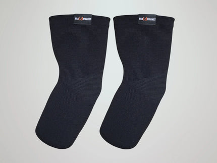 Pair of black elbow sleeves on a light gray background