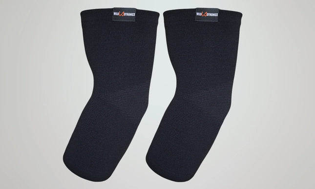Pair of black elbow sleeves on a light gray background