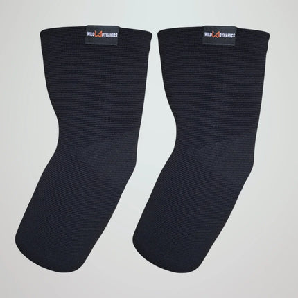 Pair of black elbow sleeves on a light gray background