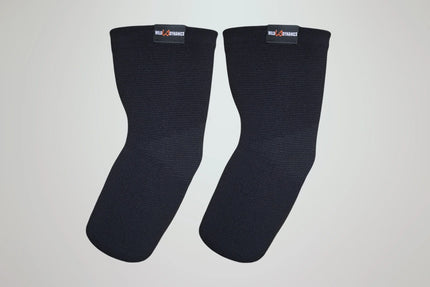 Pair of black elbow sleeves on a light gray background
