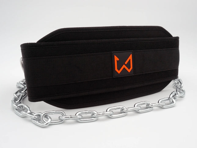 Black dip belt with a chain and orange logo on a white background