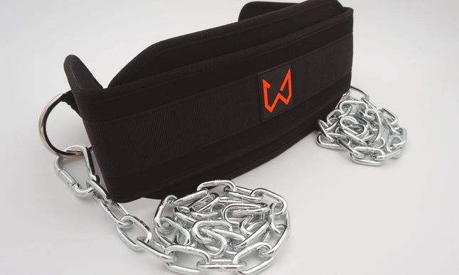 Black belt with a red logo and silver chain on a white background