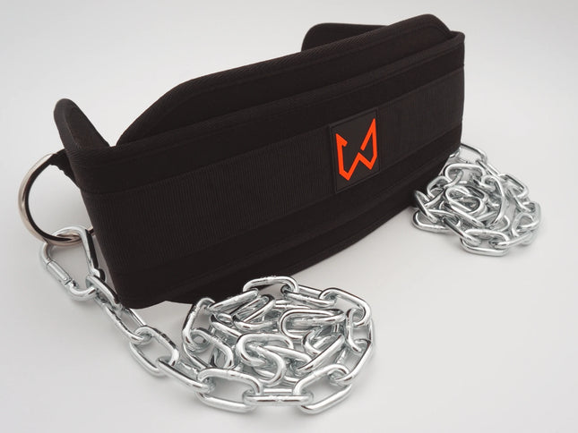 Black belt with a red logo and silver chain on a white background