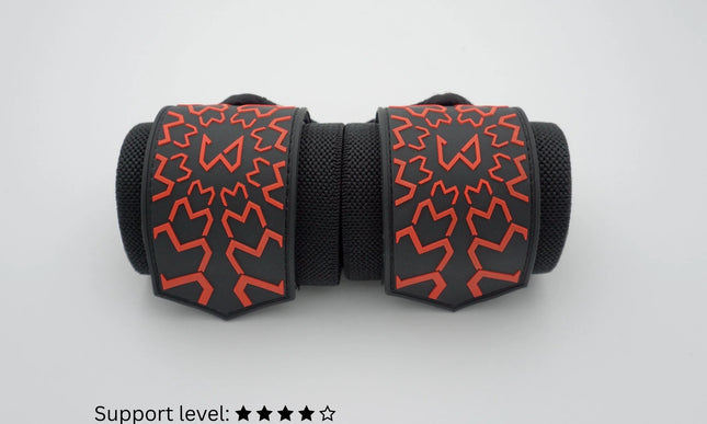 Black and red patterned premium wrist wraps on a white background