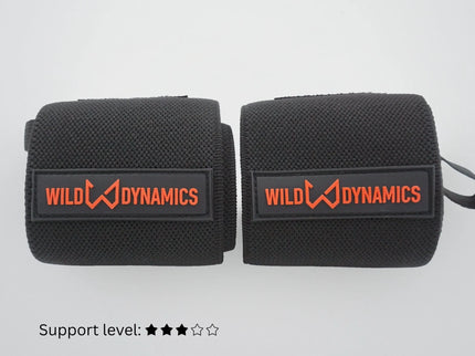 Two black wrist wraps with 'Wild Dynamics' logo on a white background