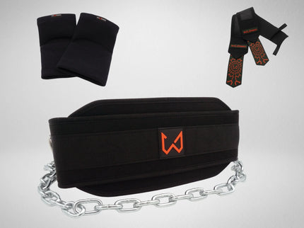 Black dip belt with chain, wrist wraps and elbow sleeves on a light gray background