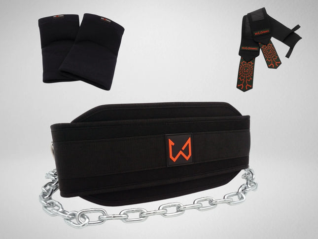 Black dip belt with chain, wrist wraps and elbow sleeves on a light gray background