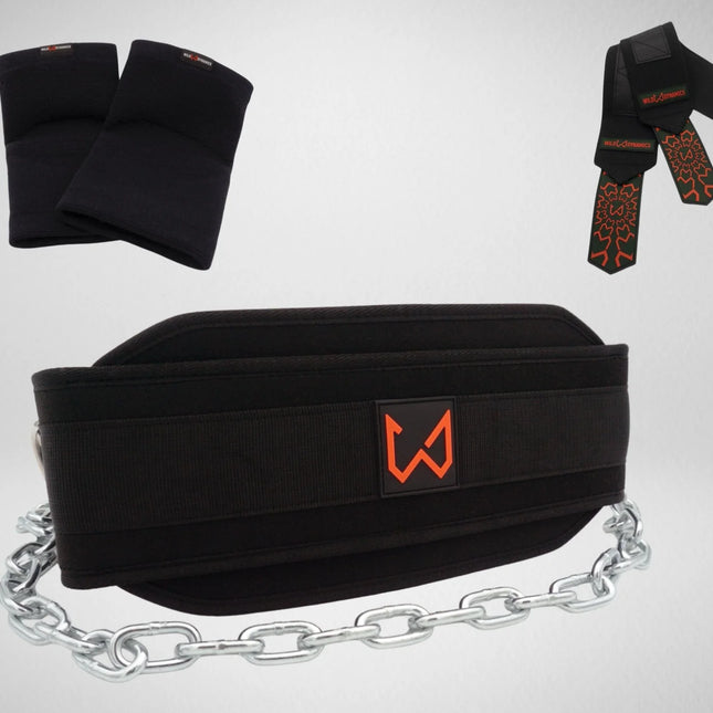 Black dip belt with chain, wrist wraps and elbow sleeves on a light gray background