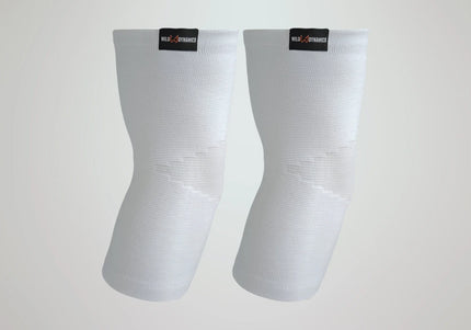 Pair of white elbow sleeves with visible branding on a light gray background