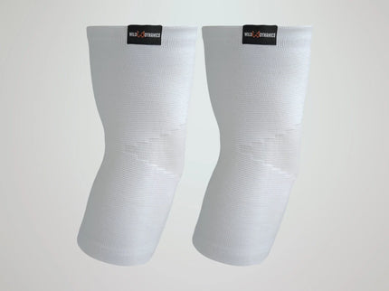 Pair of white elbow sleeves with visible branding on a light gray background
