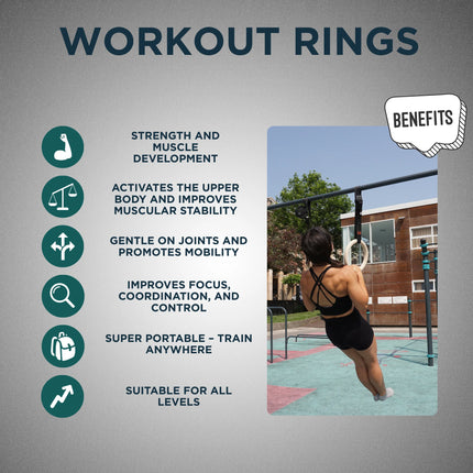 Advertisement for workout rings with a woman using them outdoors, listing benefits on a gray background.